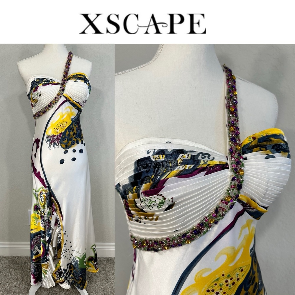 Xscape by Joanna Chen Maxi One Shoulder Beaded Silk Dress Size 6 Wedding Evening